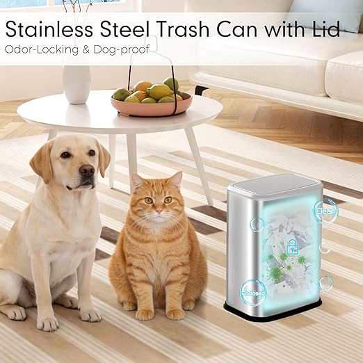 Bathroom Trash Can with Lid 8L/2.1 Gallon Silver Trash Can Small Garbage Can with Swing Top Lid Slim Stainless Steel Garbage Can with 100 Counts Trash Bags for Bathroom Bedroom Kitchen Office Toilet