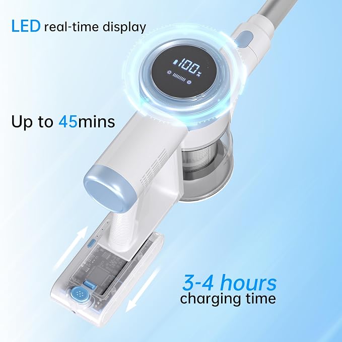 Cordless Vacuum Cleaner, 500W 45Kpa Vacuum Cleaners for Home, 6-in-1 Stick Vacuums with LED Touch Screen, Rechargeable Cordless Vacuums for Pet Hair Carpets Hard Floors, 1.0L Dust Cup