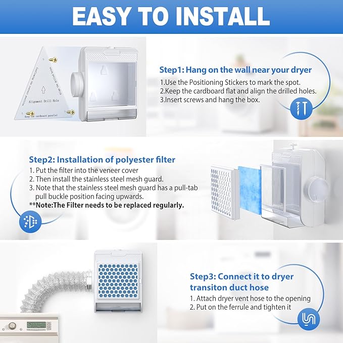 3-in-1 Indoor Dryer Vent Kit, Upgraded Safety Vent Flap, Stainless Steel Screen with 5PCS Polyester Filters and Water Drawer System, Dryer Vent Box for Electric Dryer, White