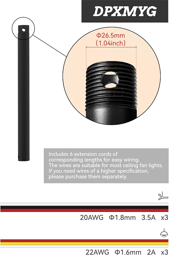 36 inch Ceiling Fan Downrod with Extension Cord, 3 FT Black Downrod, 1 inch Outside Diameter, Ceiling Fan Boom Suitable for a Wide Range of Fans (with Threaded)