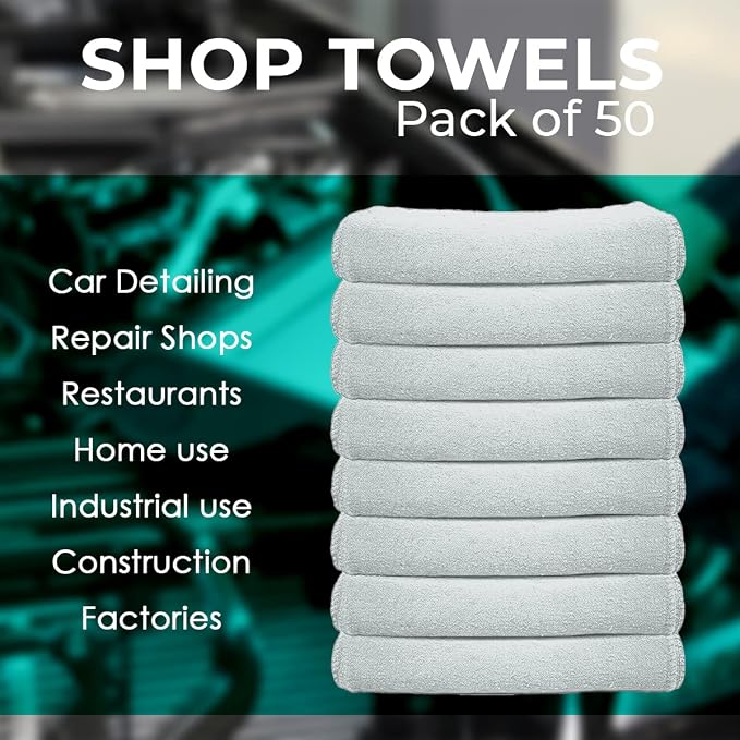 Avalon Towels Cotton Shop Rags – (Pack of 50) Size 12x14 Inches Cleaning Rags – Absorbent Shop Towels and Multipurpose Cleaning Towels for Automobiles, Industries, Garage and Homes (White)