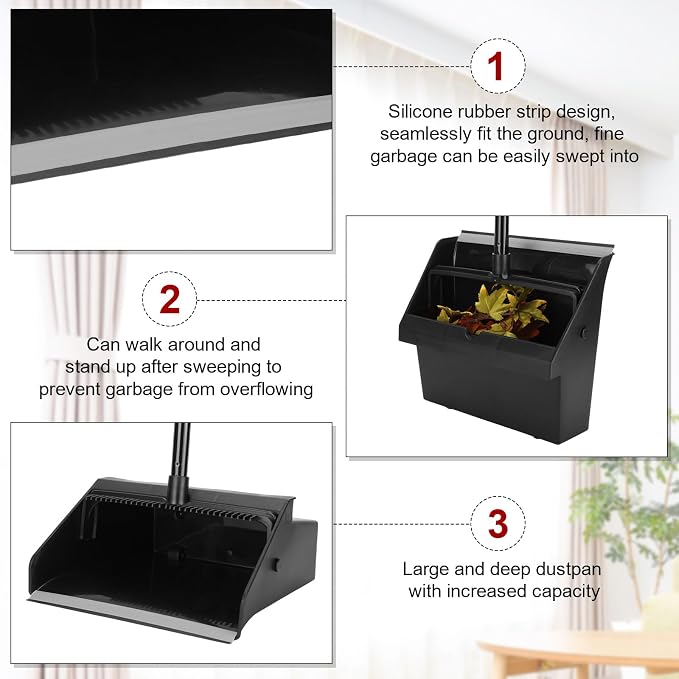 Leumoi 8 Pcs Dust Pans with Long Handle Set 36.6 Inch Commercial Dust Pan with Comb Large Plastic Stand up DustPans for Outdoor Indoor Restaurant Home Office Floor Cleaning (Black)