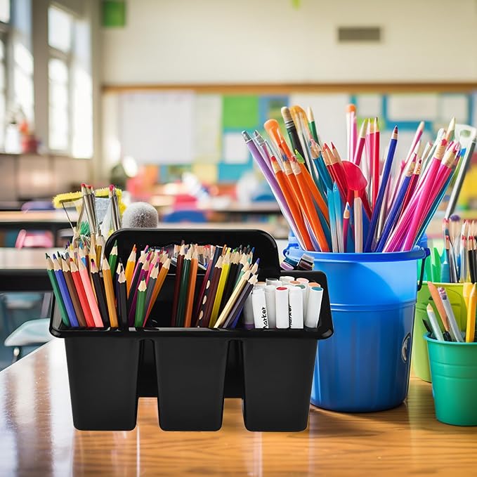 ALINK Classroom Caddy Storage Basket with Handle, 6 Pack Plastic Arts Office Crafts Caddy 4 Compartments for Kids, Pencil, Crayon, Marker, School Supplies - Black