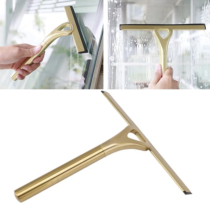 Gold Shower Squeegee Stainless Steel Window Squeegee Bathroom Cleaner Tool, Non Slip Handle, 10-Inch Blade, with Hook for Window, Tiles, Car Glass 22.5x22cm / 8.9x8.7in