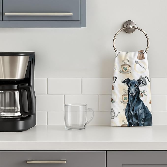 Caroline's Treasures Black Greyhound Coffee Bar Kitchen Towel Velour Plush Front and Cotton Loop Back Machine Washable