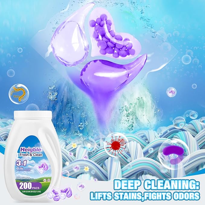 200 Count Laundry Detergent Pods Bulk 3 in 1 Laundry Detergent Pacs with Scent Boosters Washing Machine Powerful Decontamination Fragrance Enhancement Fresh Floral Scent