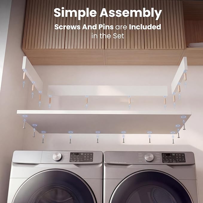 Premium Washer Dryer Countertop 54" W x 27.5" D x 3.1" H, One Solid Base Board Laundry Room Topper with Edge Rails, Washing Machine Top, Painted Finish, Anti-Slip Feet, Engineered Wood, White Color
