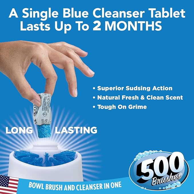 LOLA Self Dispensing Toilet Brush System, Nylon Bristle Cleaning Wand w/ 15 Long-Lasting Concentrated Cleaner Tablets, 2 Refillable Heads, Caddy, No Liquid Cleaner Needed Reusable & Refillable Design