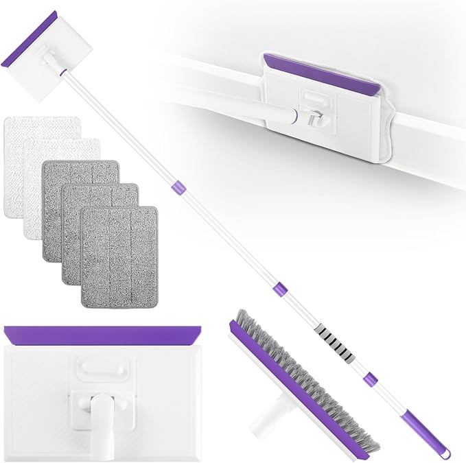 wlich Baseboard Cleaner Tool with Handle 2.0, 60" Extendable Long Handle, Dust Trapping and Locking, 5 Reusable Pads, Purple Base Boards Cleaning Tool for Moldings, Wall, Floor, Bathroom, Kitchen