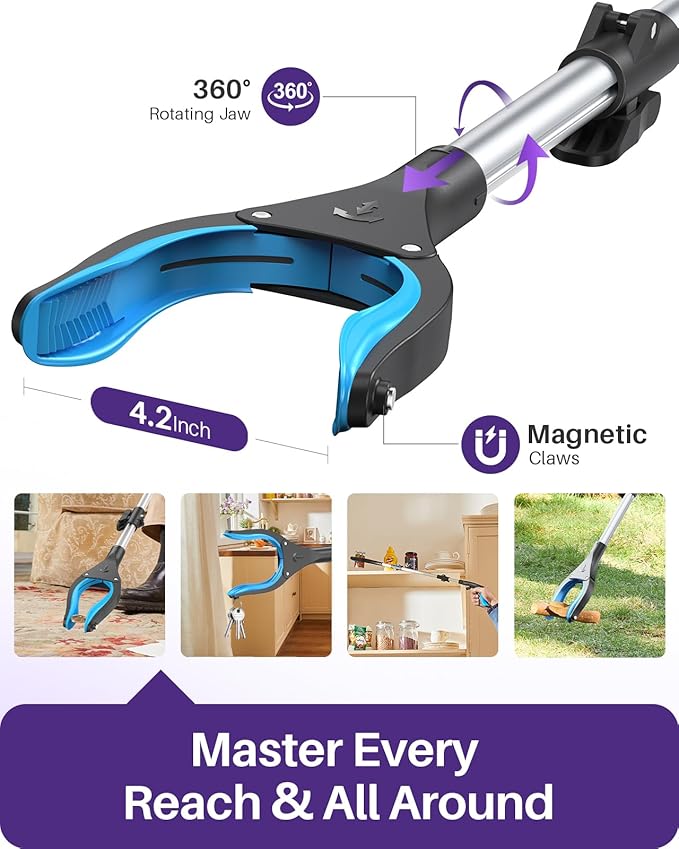 KEKOY Pro 36-inch Reacher Grabber Pickup Tool 2 Pack, Foldable Grabbers for Seniors Heavy Duty Pick Up Trash Stick with Anti-Slip 360° Rotating Jaw, 4" Wide Extended Weed Gripper Claw with Magnet