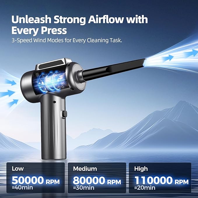 Compressed Air Duster, 110000RPM Ultra-Powerful Electric Air Duster with LED Light, 3-Speed Adjustable, Rechargeable Cordless Mini Blower for Computer, Keyboard, Car, PS5, Outdoor & Home Cleaning