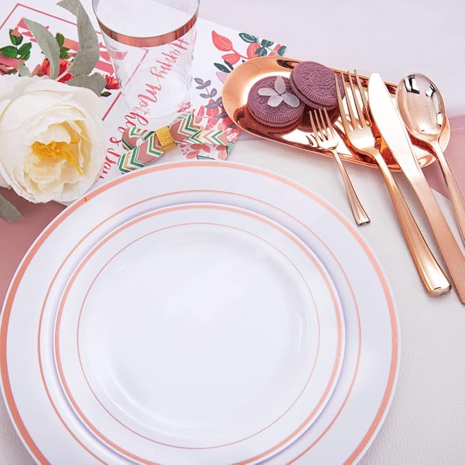 WDF160 Piece Rose Gold Disposable Cutlery Set - Heavyweight Plastic Silverware - Includes 80 Forks, 40 Spoons, 40 Knives - Rose Gold Silverware Perfect for Wedding Party Birthday