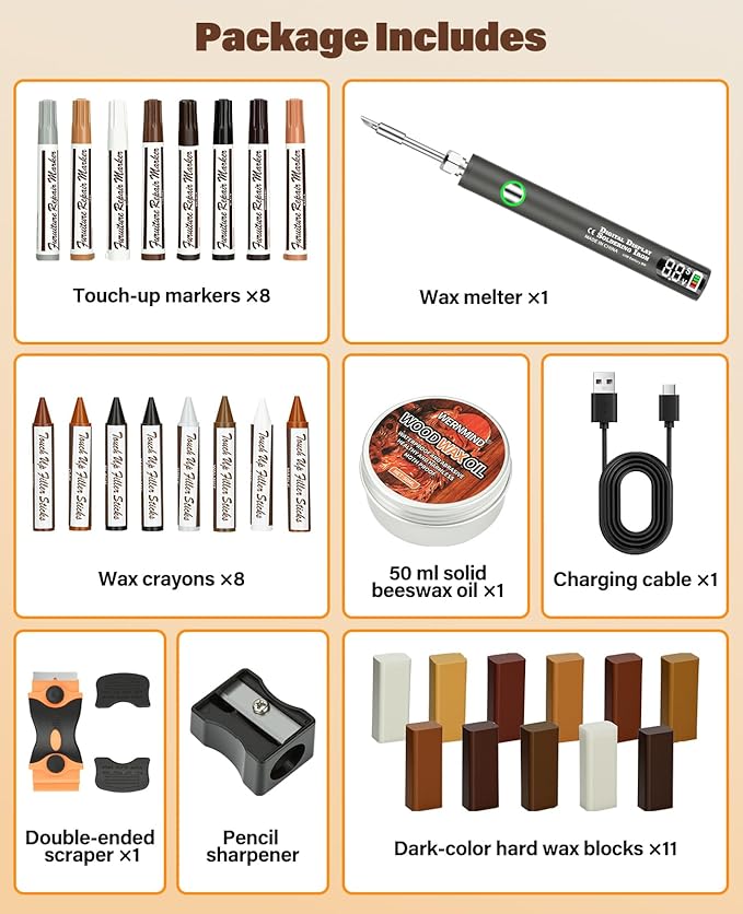 Wood Furniture Repair Kit - Includes Wax Melting Tool with Display, Hard Wax Filler, Marker Pen - Furniture and Countertop Repair Set, Hole for Floor, Table, Door, Cabinet