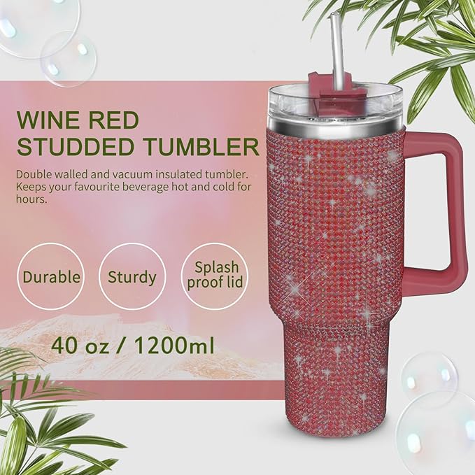 HWISDMIG 40oz Tumbler with Handle-Glitter Rhinestones Tumbler Bling Cups Stainless Steel Water Bottle Diamond Studded Tumbler for Women-Birthday Gifts for Women, Mom, Girlfriend (Wine Red)