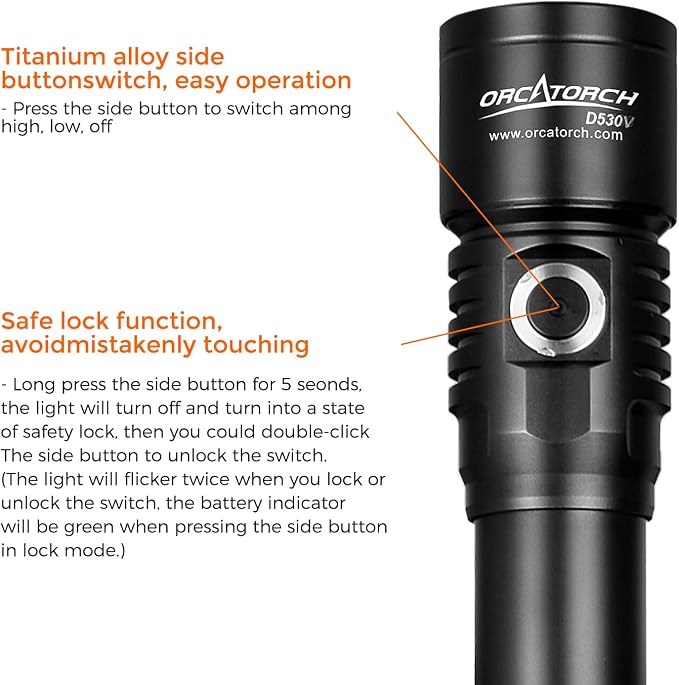 ORCATORCH D530V 1000 Lumen Scuba Dive Video Light 120 Degrees Wide Beam Angle, Underwater 150 Meters Diving Photography Light with Safety Lock Function Battery Power Indicator（5500K Warm White Light）