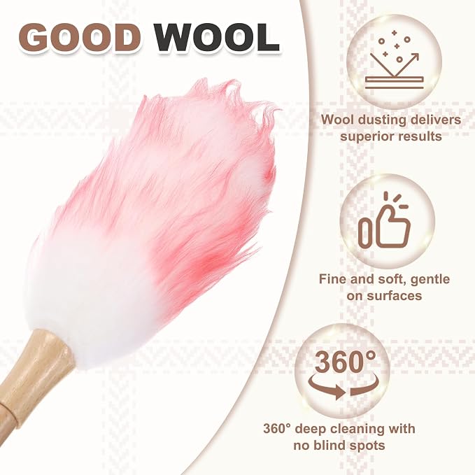 uxcell Wool Duster, 14.2" Natural Feather Cleaner Household Cleaning Duster with Solid Wooden Handle for Cleaning Fans Window Blinds Shelves Furniture, White Pink