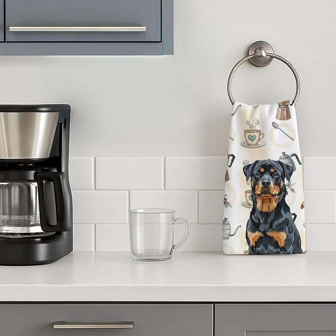 Caroline's Treasures Rottweiler Coffee Bar Kitchen Towel Velour Plush Front and Cotton Loop Back Machine Washable