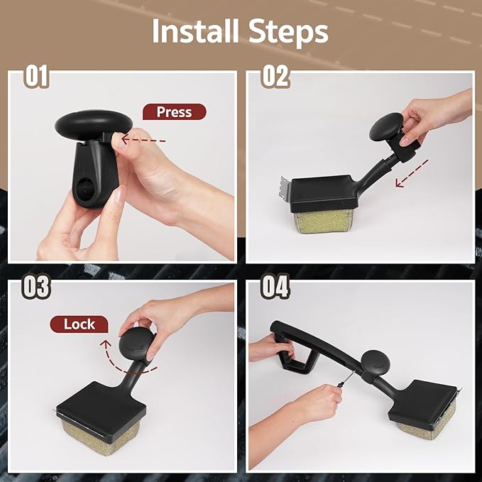 GASPRO Grill Brush Bristle Free for Outdoor Grill, BBQ Cleaning Brush Set with 2 Replacement Heads, Heat-Activated Sponge & Scraper, Ergonomic Handle, Safe for Most Grates, Black