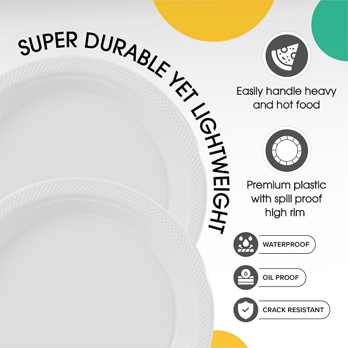 Exquisite 9 Inch White Plastic Dinner Plates - 50 Count Heavy Duty Disposable Set for Parties
