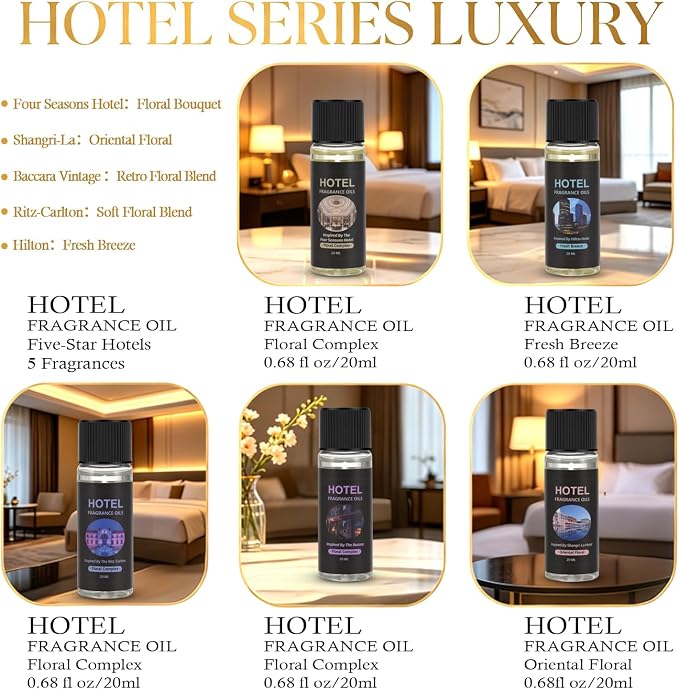 160ML Waterless Scent Diffuser Kit，Included 5 * 20ml Hotel Oils | 7-Color LED ,Remote control , Covers 1500 Square feet, Homes, Offices, Hotels, spas.
