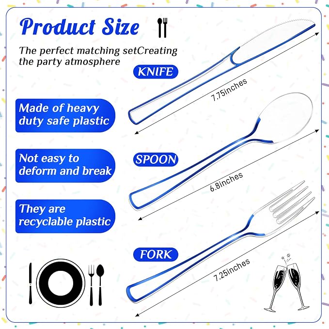 Minatee 150 Pcs Blue Plastic Silverware, Clear Disposable Cutlery Set Heavy Duty Utensil Sets 50 Forks 50 Knives 50 Spoons for Birthday Party Home Office School Picnics Restaurant Outdoor Events