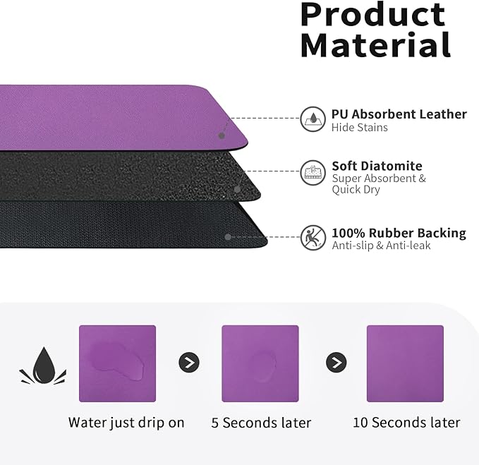 HotLive Dish Drying Mat for Kitchen Counter, Heat Resistant Drainer Mats with Non-slip Rubber Backed, Hide Stain Kitchen Super Absorbent Draining Mat, Easy to Clean Dish Rack Pad, Purple 18"x24"