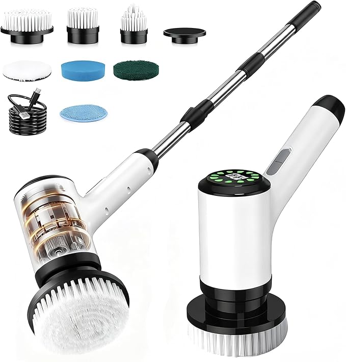 Electric Spin Scrubber, Cordless Bathroom Scrubber with 7 Brush Heads, Adjustable Long Handle Shower Scrubber for Tile Grout, Kitchen Sink, Tub, Floor, Car Wheel, White-te1
