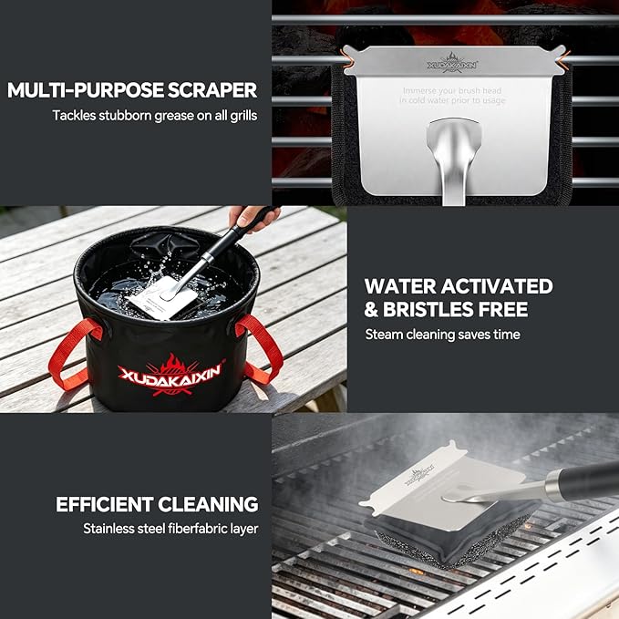 Grill Brush Bristle Free,with 5 BBQ Replacement Head, [Ultra Safe & Efficient] for Cast Iron, Stainless Steel Grates,Safe Grill Cleaner for Outdoor Grill,Great Gift for Men/Dad (Model-XD3000)