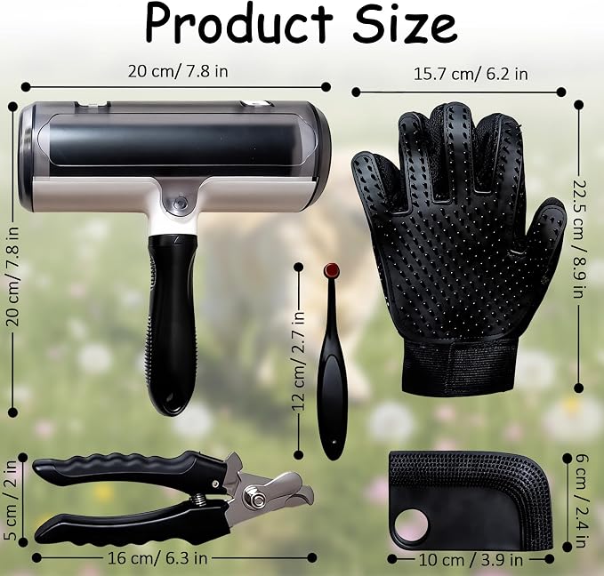 Pet Hair Remover Roller 5-Piece Grooming Kit for Dogs & Cats, Reusable Fur Remover for Couch, Carpet, Clothes, Grooming Glove, Lint Roller, Nail Clipper & Cleaning Brush | 5-PIECE PET CLEANING KIT: Reusable hair roller, grooming glove, lint roller, nai...