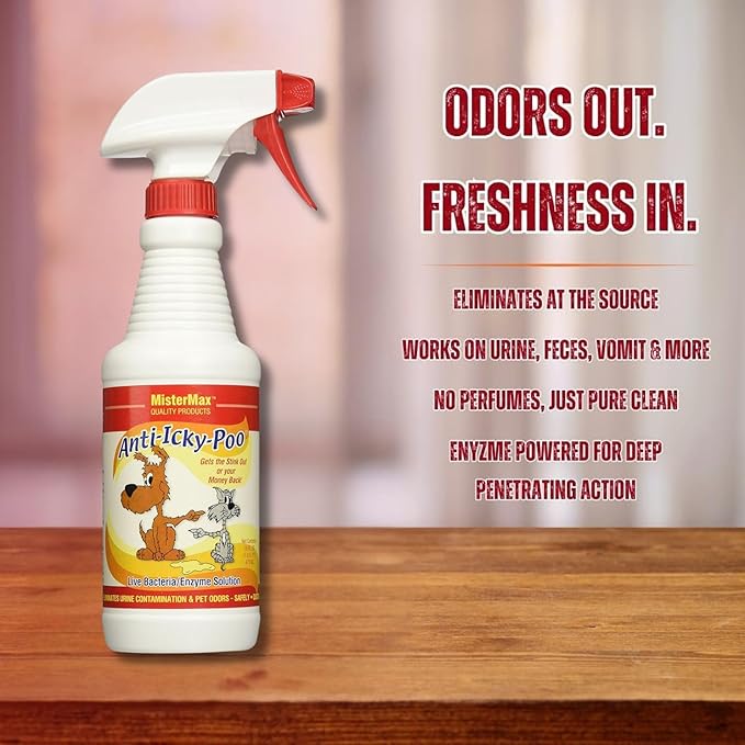 Mister Max Anti Icky Poo Spray - Enzyme Cleaner & Urine Odor Remover for Pets, Animal Urine Enzyme Cleaner & Tough Odor Remover - 1 Pint (16 oz)