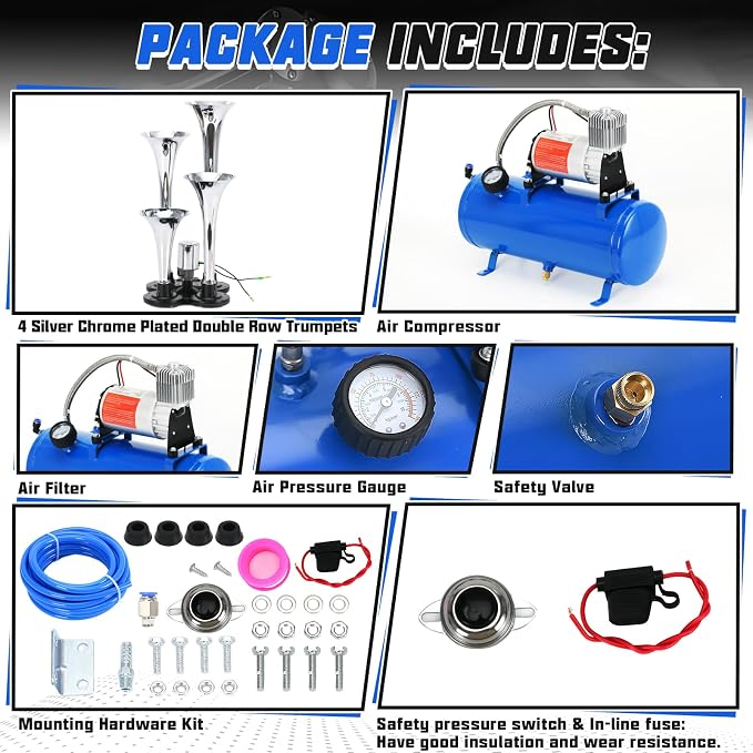 PTNHZ 150DB Train Horns Kit 12V 150PSI Air Compressor Tank Pump w/6 Liter 1.6 Gallon Tank + Super Loud Sliver 4 Double Row Trumpet For Train Truck Boat Pickup Motorhome