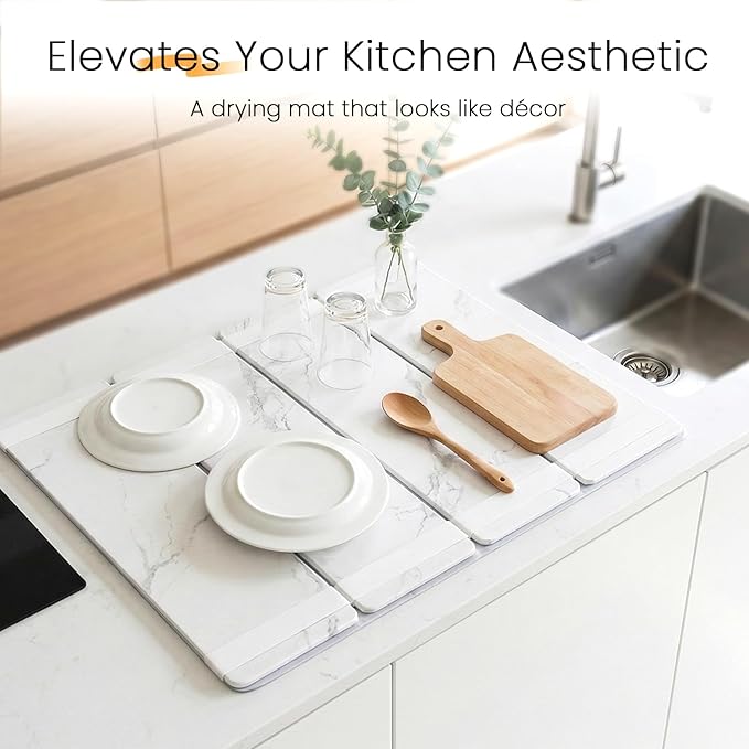 Large Stone Drying Mat for Kitchen Counter, Easier Cleanup - Smart hinge design, Quick-Dry Non-Slip Counter Protector for Dishes, Cups & Bottles, 24.5" x 16"