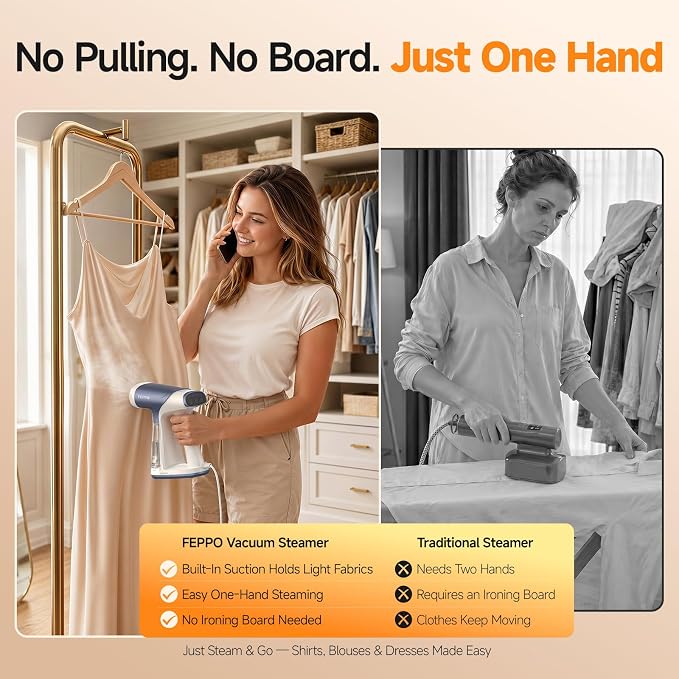 FEPPO Vacuum Steamer for Clothes, Handheld Garment Steamer with Suction, 2-in-1 Steam & Iron, LED Display, Adjustable Suction & Steam Modes, One-Hand Vacuum Steamer for Home (For 110-120V)
