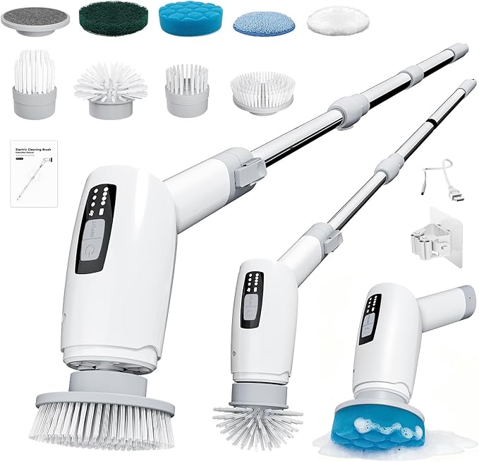 Cleangor Electric Spin Scrubber, Cordless Cleaning Brush Shower Scrubber with 9 Replaceable Brush Heads 3 Speeds Extension Handle for Bathroom, Shower, Bathtub, Floor, Tile, Kitchen, Pool (1, White)