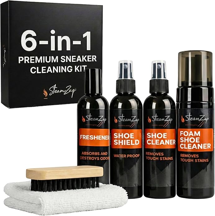 Shoe Cleaner Kit with Foam & All Fabric Cleaner, Shoe Shield Liquid, Deodoriser, Brush & Towel. Suitable for all types Suede, Sneakers, Canvas, Leather, Mesh, Woven, Knitted Shield,