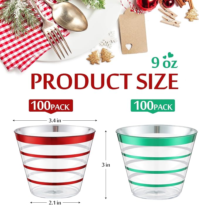 Gejoy 9 oz 200 Pcs Christmas Rimmed Stripe Plastic Cups Bulk Disposable Wine Hard Plastic Drinking Cocktail Cups Tumblers for Wedding Gathering Party Supplies(Red and Green)