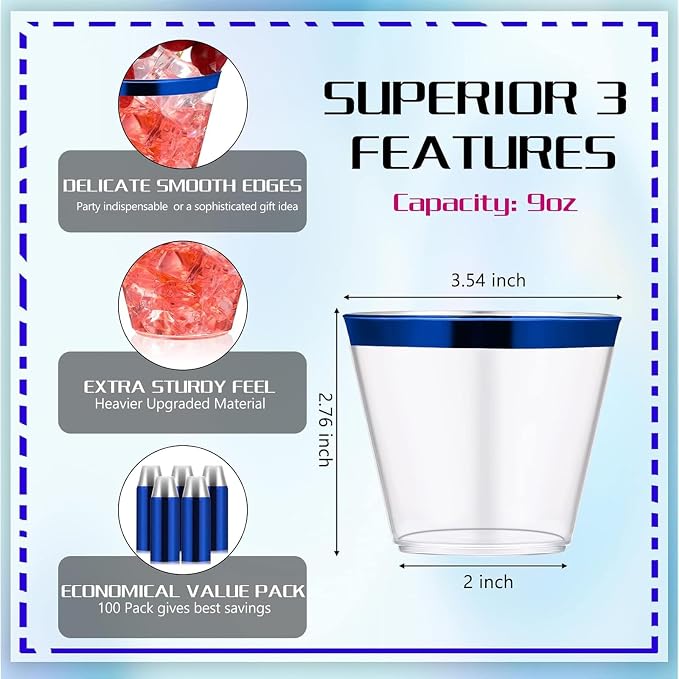 Lounsweer 100 Pcs 9oz Rimmed Plastic Cups Wedding Clear Cocktail Cups Heavy Duty Disposable Wine Glasses for Birthday Bridal Shower Baby Shower Holiday Celebrations(Blue)