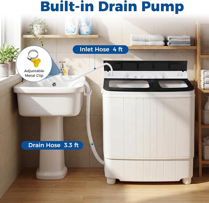 Giantex Portable Washing Machine, 18LBS Twin Tub Mini Compact Laundry Washer Spinner Combo with Drain Pump, 11Lbs Washer and 7Lbs Spinner for Apartments, RVs, Dorms, Black+White
