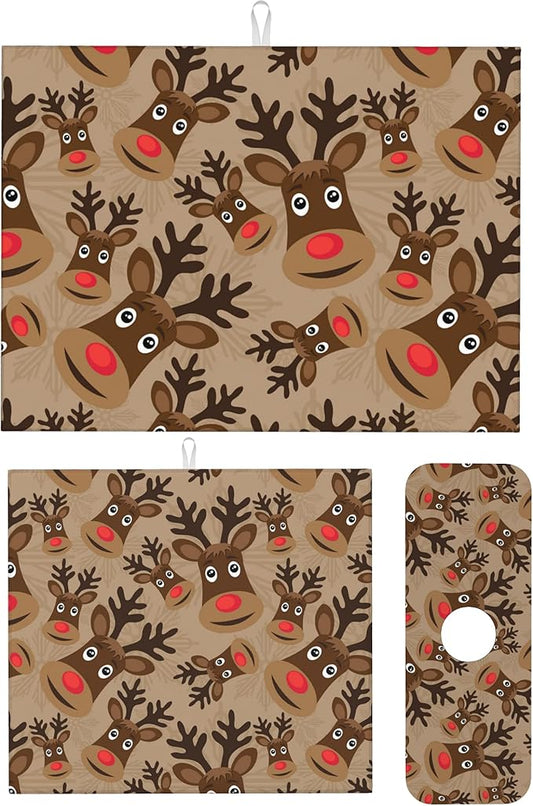 3Pcs Christmas Reindeer Dish Drying Mat & Kitchen Sink Splash Guard Faucet Mat For Kitchen Counter Absorbent Microfiber Dishes Pad Dish Drainer Rack Mats Fast Dry Kitchen Accessories
