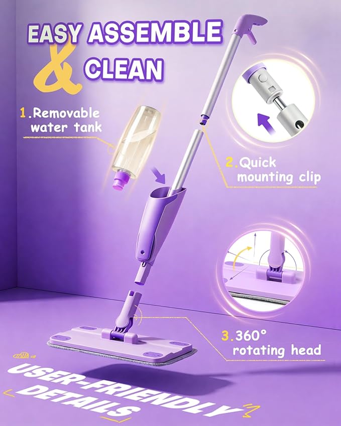 Purple Mini Spray Mop for Toddler-Montessori Cleaning Toy that Real Spray Water,Pretend Playhouse Essentials for Girls Ages 3-8,Toddler Educational Housekeeping Set