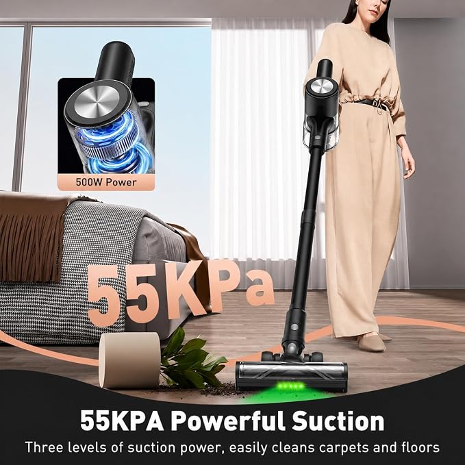 Cordless Vacuum Cleaner for Home, 55KPa Powerful Suction, Self-Standing Stick Vacuum with Charging Dock, Anti-Tangle Brush, Lightweight for Pet Hair, Carpet, Hardwood Floor(Pure Black)