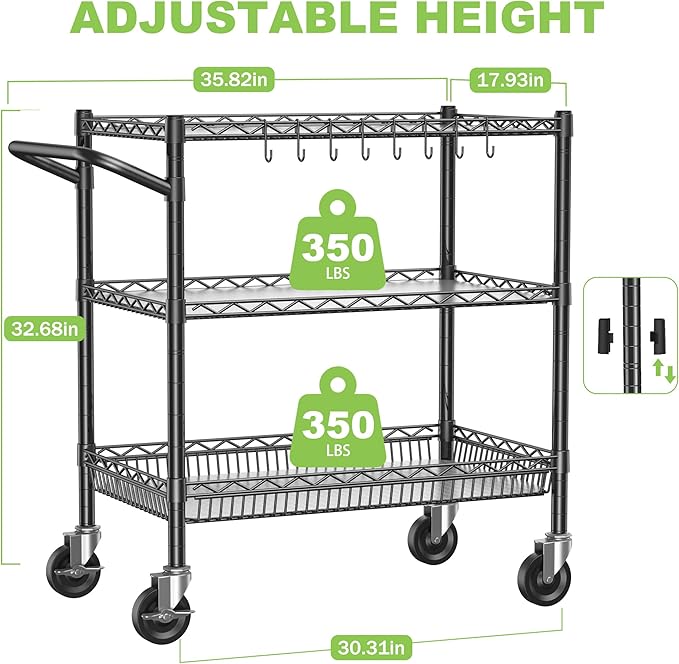 1050Lbs Heavy Duty Utility Cart with Wheels 3 Tier Rolling Metal Cart, Commercial Grade Storage Cart with Handle Bar & Shelf Liner, Trolley Wire Serving Cart for Garage, Kitchen, Restaurant
