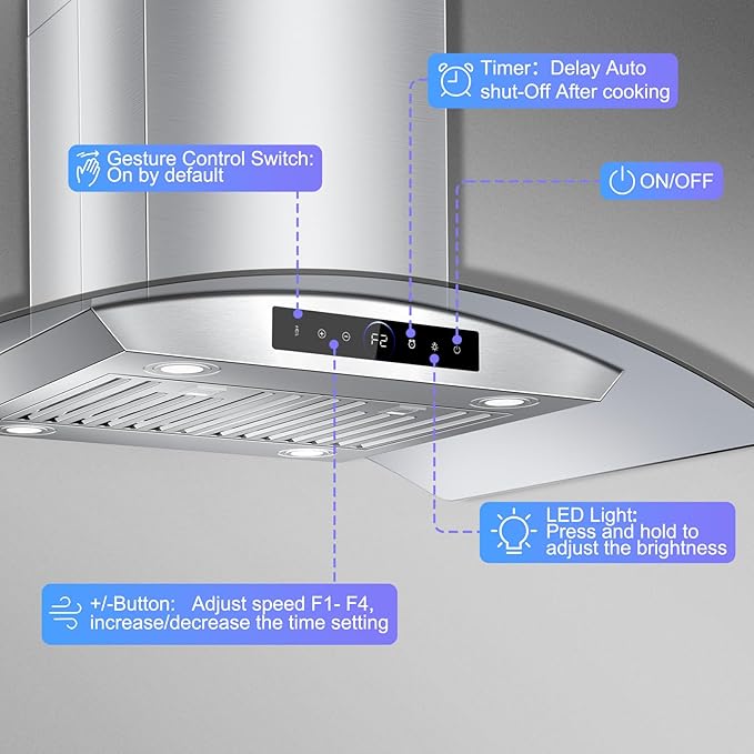 36 inch Island Range Hood 1200 CFM with 4-Speed Gesture Sensing & Touch Control, Ducted/Ductless Stainless Steel Ceiling Mount Kitchen Stove Vent Hoods with 4 LED Lights, Timer,Dishwasher-Safe Filters
