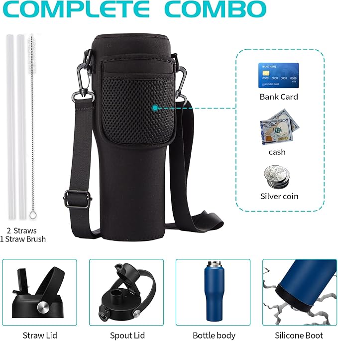 32oz Insulated Water-Bottle with Straw - Carrier Strap Bag, Keeps Cold 48h & Hot 24h, Metal Water Bottles 32 oz Cups with Lids for Gym/Hiking