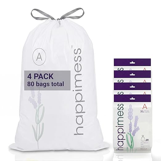 happimess 8 Gallon (30L) Drawstring Trash Bags, Lavender Scent, White, Heavy Duty MDPE Liners for Kitchen and Household, Odor Control, Custom Fit 80 Count (4 Packs of 20 Liners) HPM3101A-W-4SET
