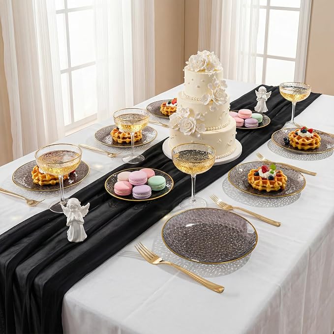 DaYammi 240Pcs Black Plastic Plates Including 120Pcs Black Dessert Plates and 120Pcs Gold Forks,Hammered Party Plate,Gold Rimmed Appetizer plates Heavy duty Disposable Plastic Plate for Party Birthday