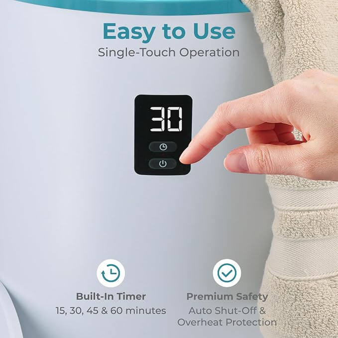 SereneLife Towel & Blanket Warmer, One Touch Portable Bath Towel Warmer with Fragrant Disc Holder, Timer (15, 30, 45, or 60 minutes) and LED Display, Auto Shut Off, Ideal for Bathroom & Spa Use, Blue