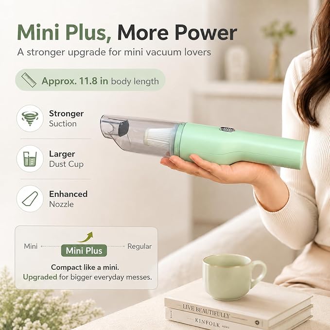 catsMeow Mini Plus Handheld Vacuum Cordless, Rechargeable Small Vacuum for Car, Desk, Keyboard, Drawer, Sofa, Crumbs and Pet Hair, Lightweight Portable Cleaner, Sage Green