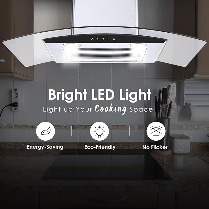 Tieasy Range Hood 30 Inch, 450 CFM Wall Mount Kitchen Hood with Ducted/Ductless Convertible Stainless Steel Filter Range Hoods 3-Speed Touch Control LED Lights