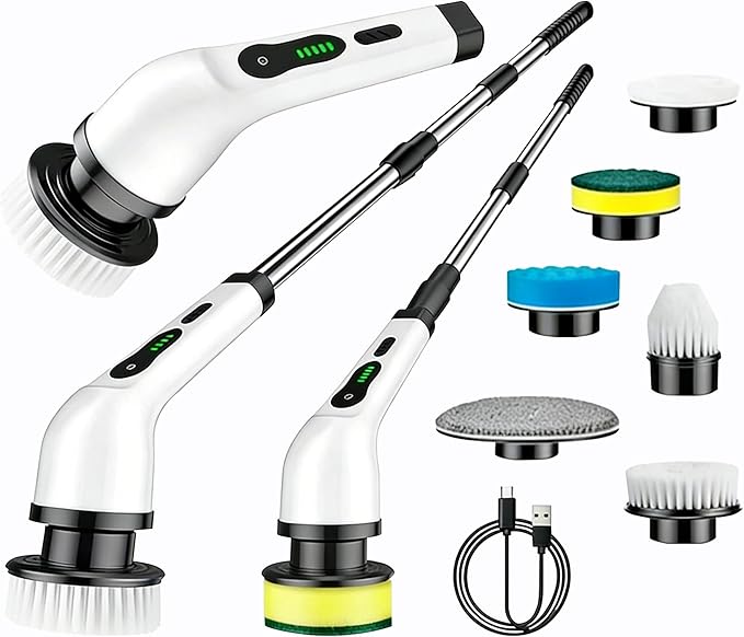 Electric Spin Scrubber for Bathroom, Cordless & Rechargeable with 6 Interchangeable Heads, Extendable Long Handle 48 in for Tile, Grout, Tub & Floor Cleaning